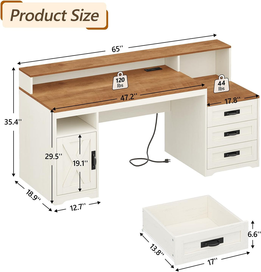 Farmhouse Computer Desk with Drawers, 65'' Home Office Desk with Power Outlets, Storage Cabinet and Printer Stand