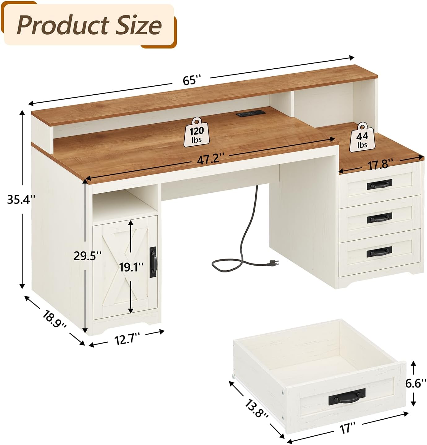 Farmhouse Computer Desk with Drawers, 65'' Home Office Desk with Power Outlets, Storage Cabinet and Printer Stand