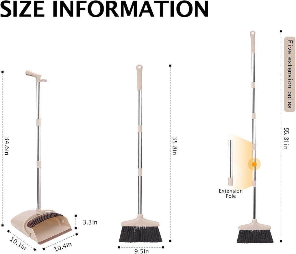 Broom and Dustpan Set with Long Handle, Light Weight Stainless Steel Poles Stand Upright Dustpans with Broom Combo
