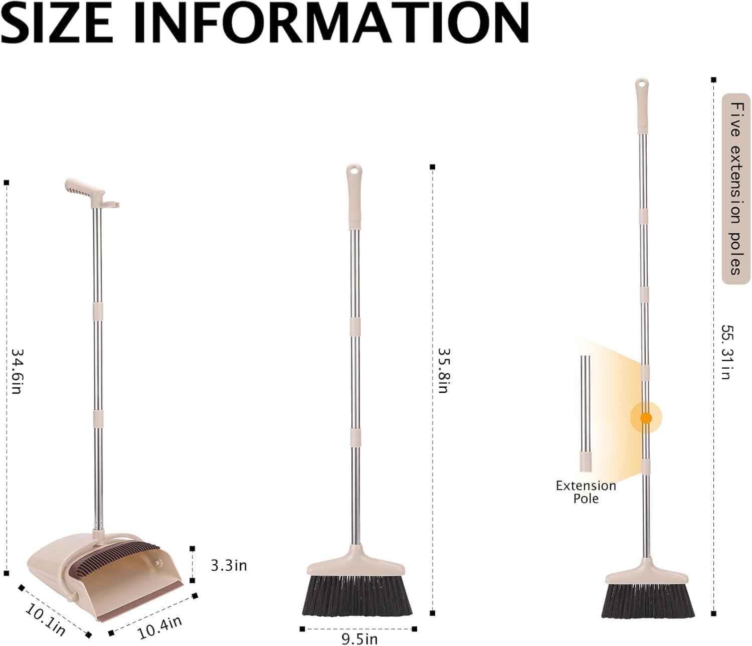 Broom and Dustpan Set with Long Handle, Light Weight Stainless Steel Poles Stand Upright Dustpans with Broom Combo
