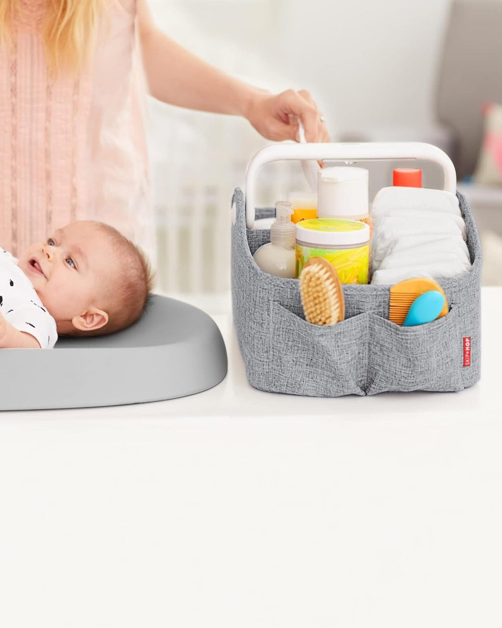 Diaper Caddy Organizer with Touch Sensor Night Light Nursery Style Heather Grey