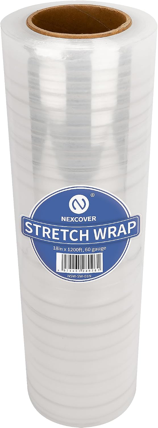 18 Inch Stretch Wrap - 1200 Feet | 60 Gauge, 1 Roll Clear Plastic Self-adhering Stretch Wrap Film for Pallet Wrap