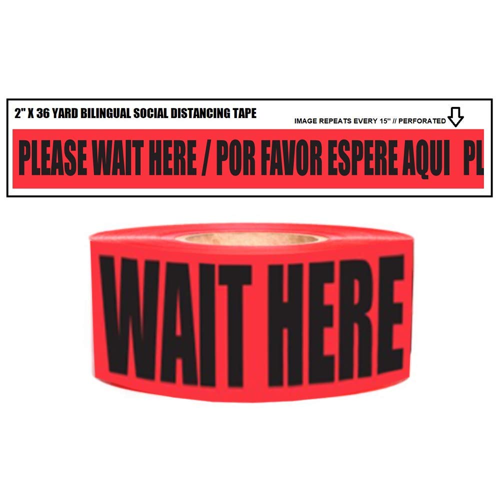 Please Wait Here - Social Distancing Floor Marking Tape, 2 inch Width x 108 Foot Length roll, Red with Black