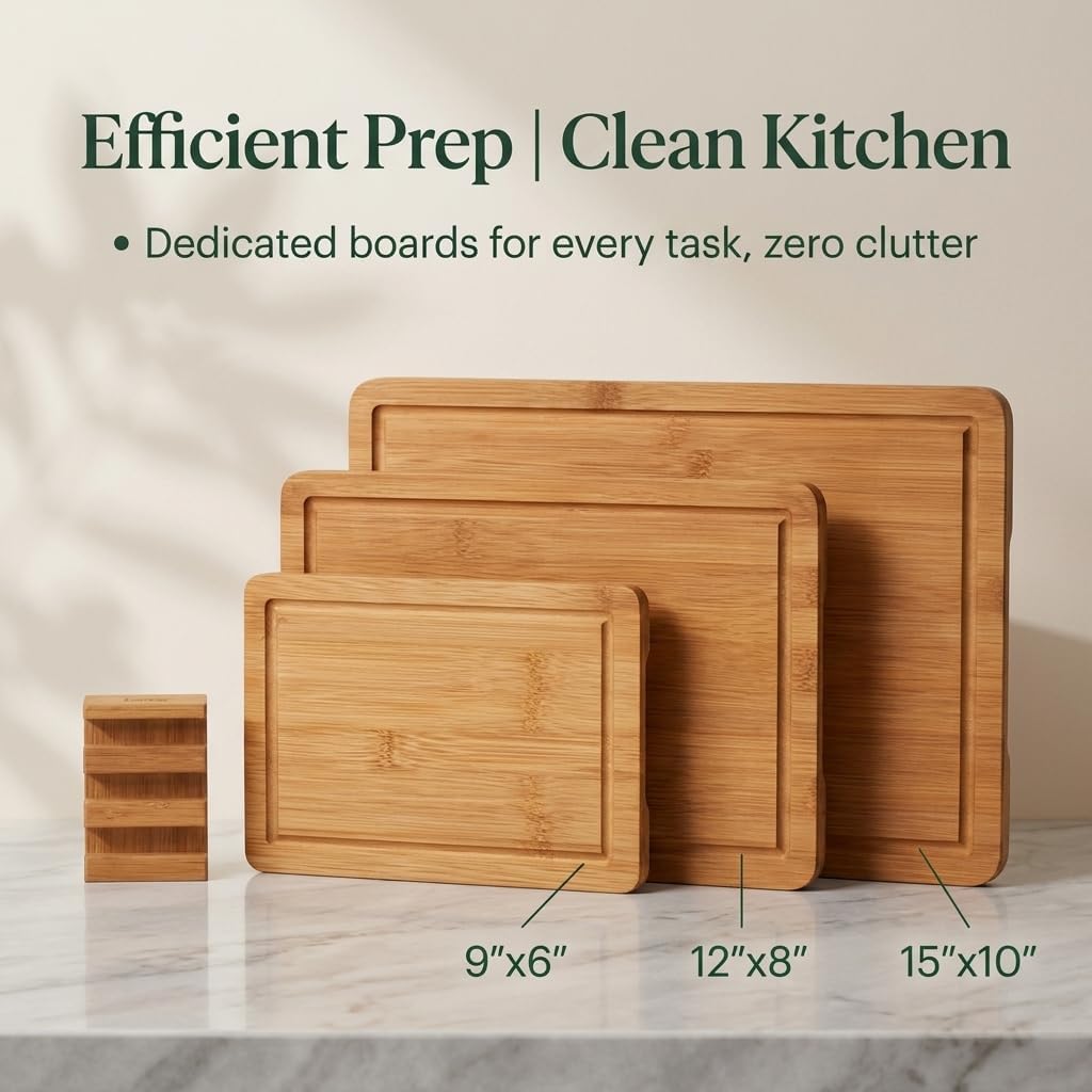 3-Piece Deep Carbonized Bamboo Cutting Board Set with Vertical Drying Stand | Wooden Chopping Boards for Kitchen |