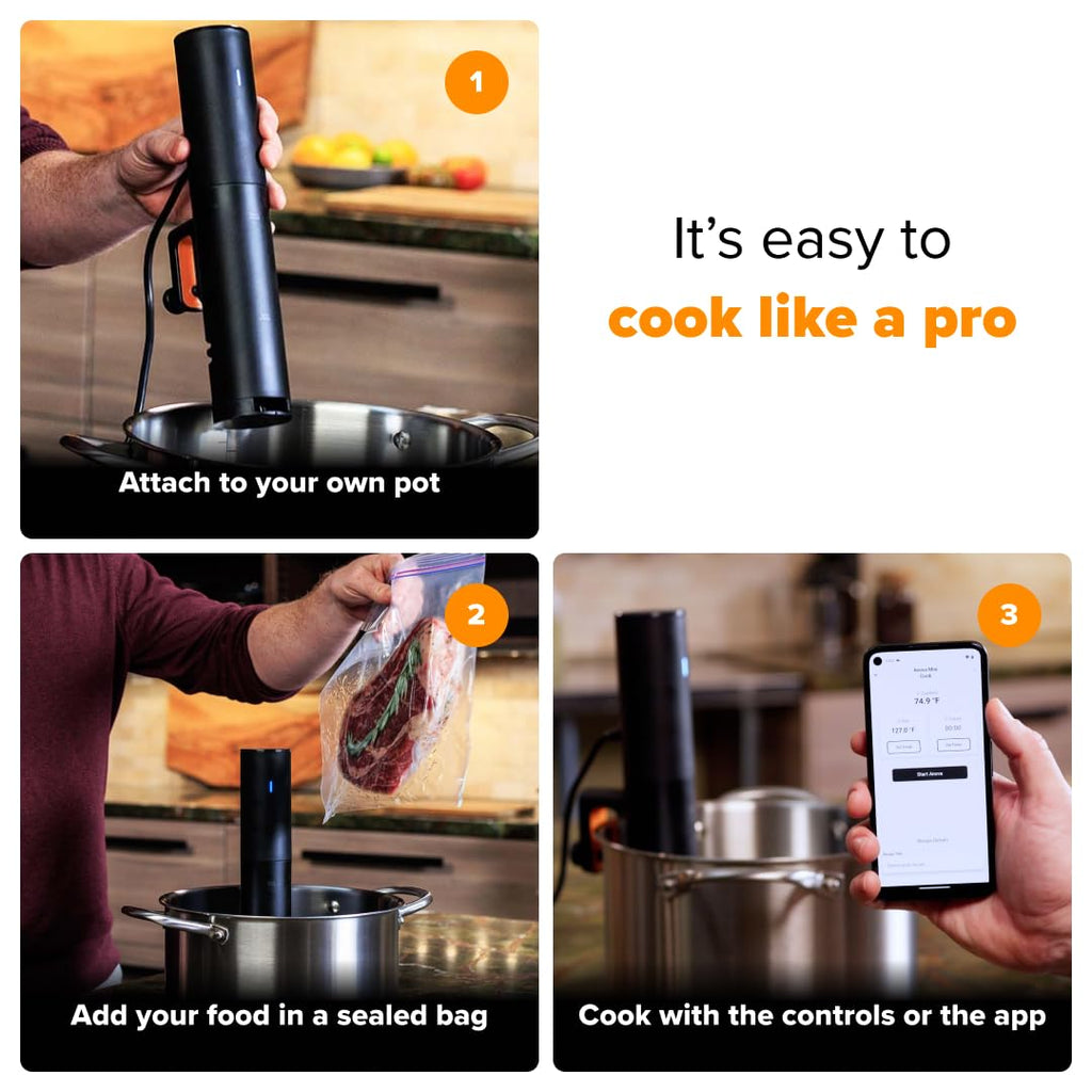 Sous Vide Precision Cooker Mini, 850 Watts, Black and Orange, App Enabled, 2024 Model