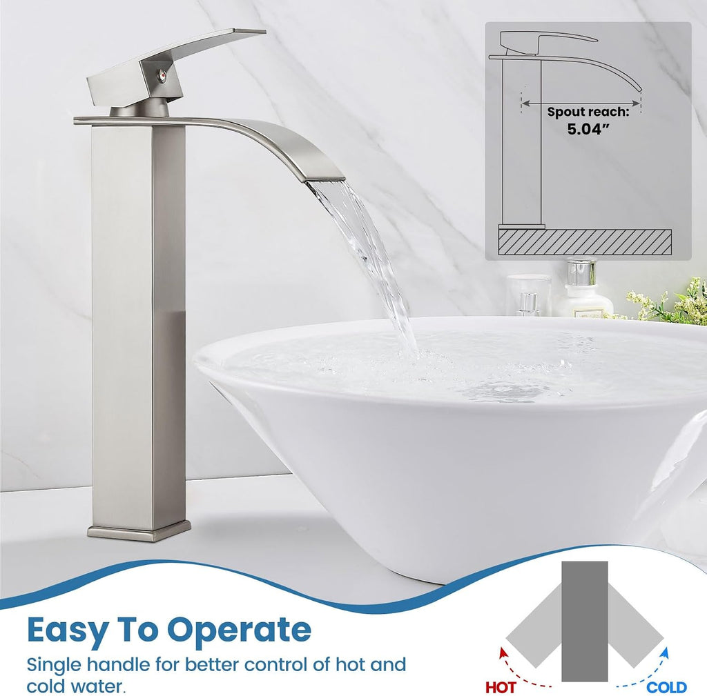 Vessel Sink Faucet,Nickel Tall Waterfall Faucet No Drain