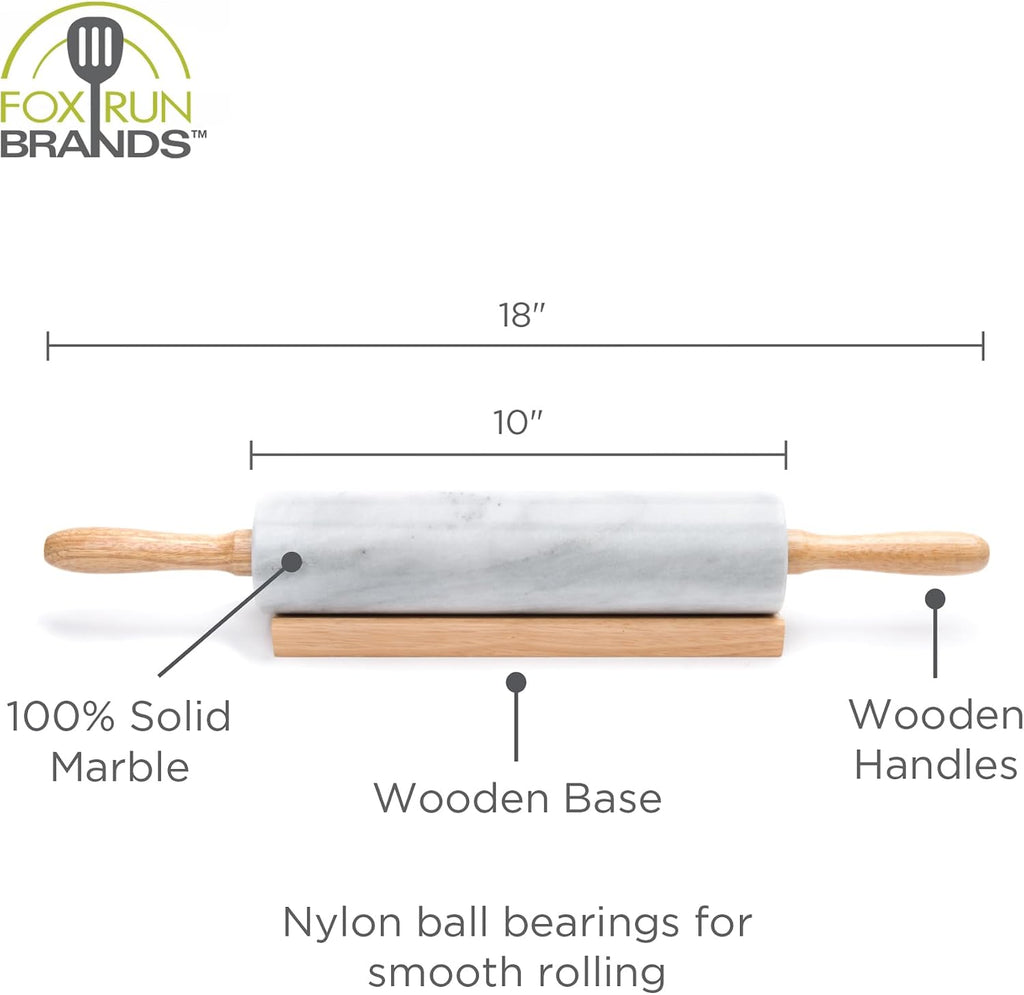 Polished Marble Rolling Pin with Wooden Cradle, 10-Inch Barrel, White