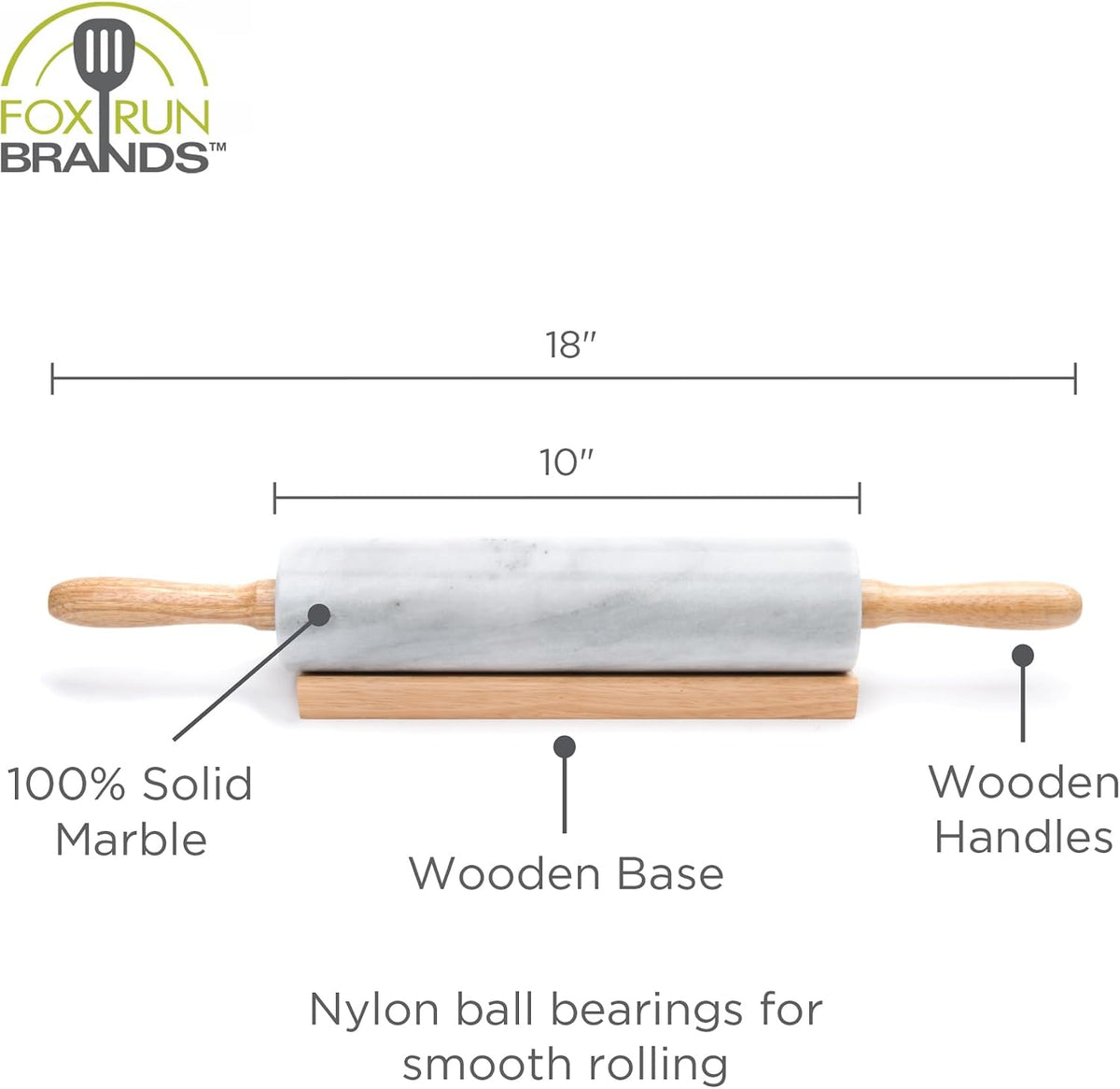 Polished Marble Rolling Pin with Wooden Cradle, 10-Inch Barrel, White