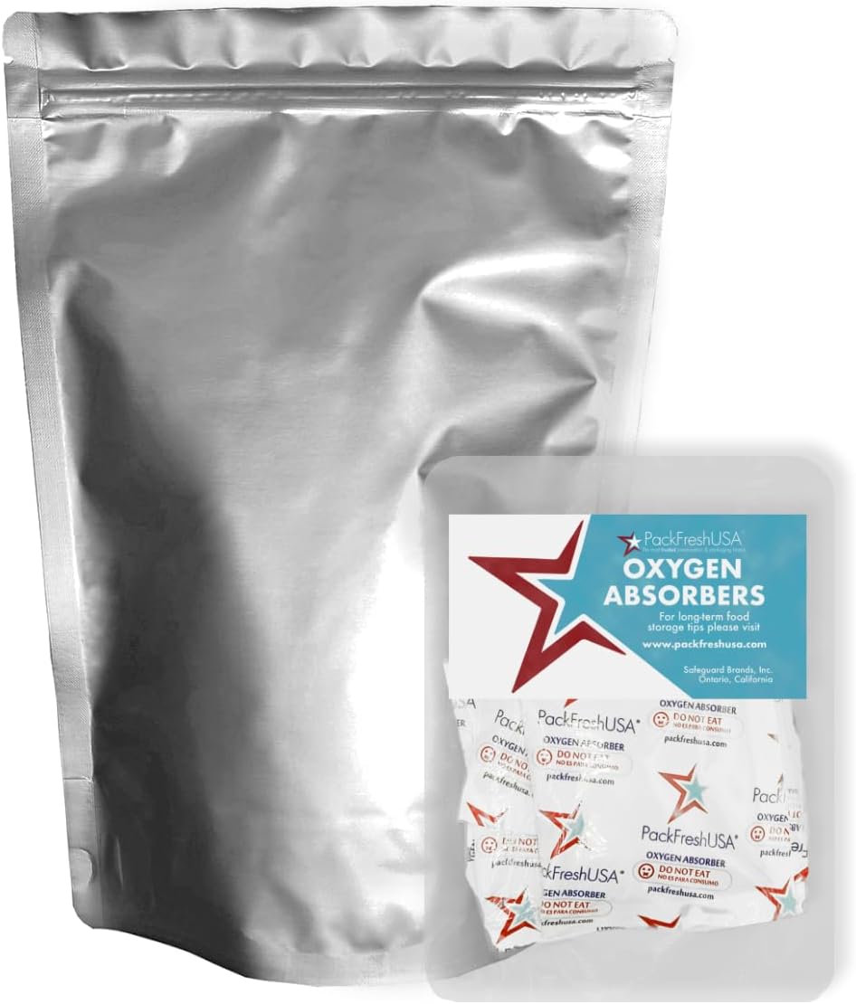 : 100 Pack - 7 Mil - 2 Quart Seal-Top Stand Up Mylar Pouch Bags - 300cc Oxygen Absorbers - Resealable - Rounded