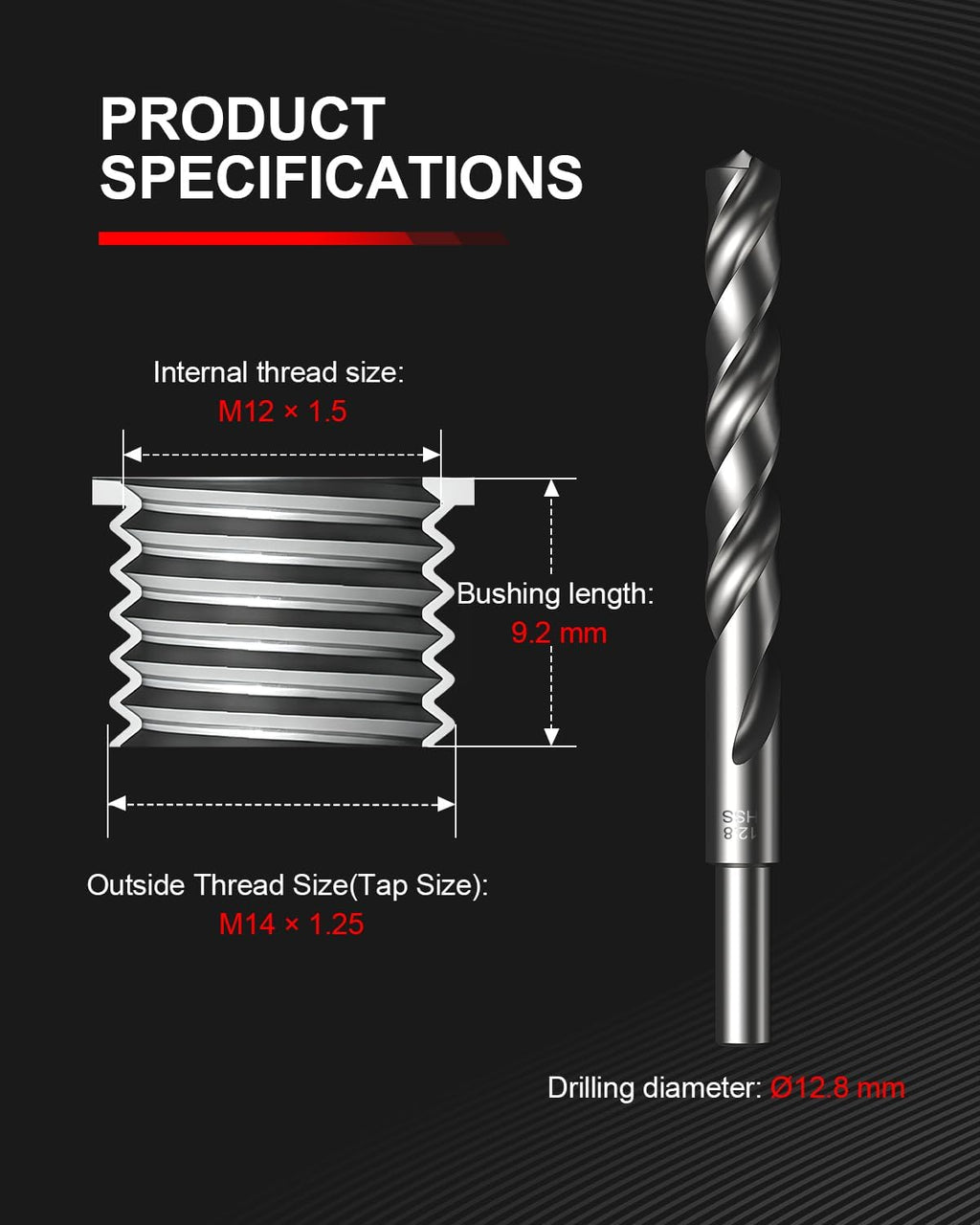 Kolvoii M12x1.5 Thread Repair Kit, 10 Solid 304 Stainless Steel Inserts