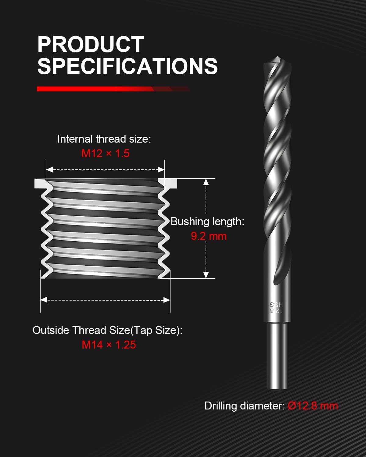 Kolvoii M12x1.5 Thread Repair Kit, 10 Solid 304 Stainless Steel Inserts