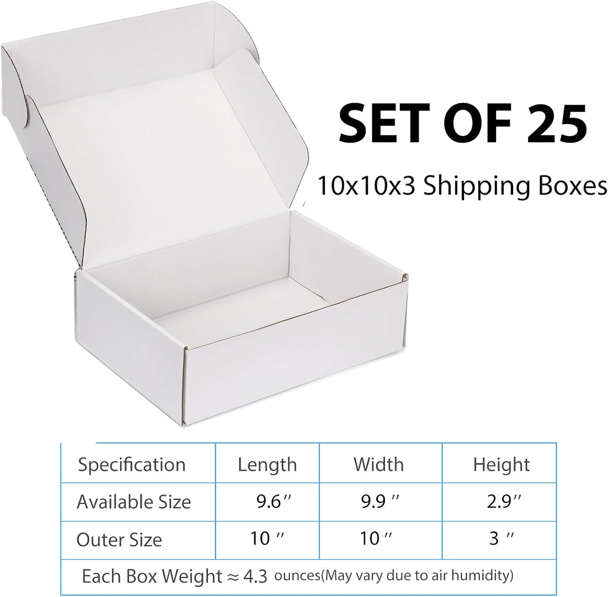 10x10x3 White Shipping Boxes for Small Business, Packing, 25 Pack