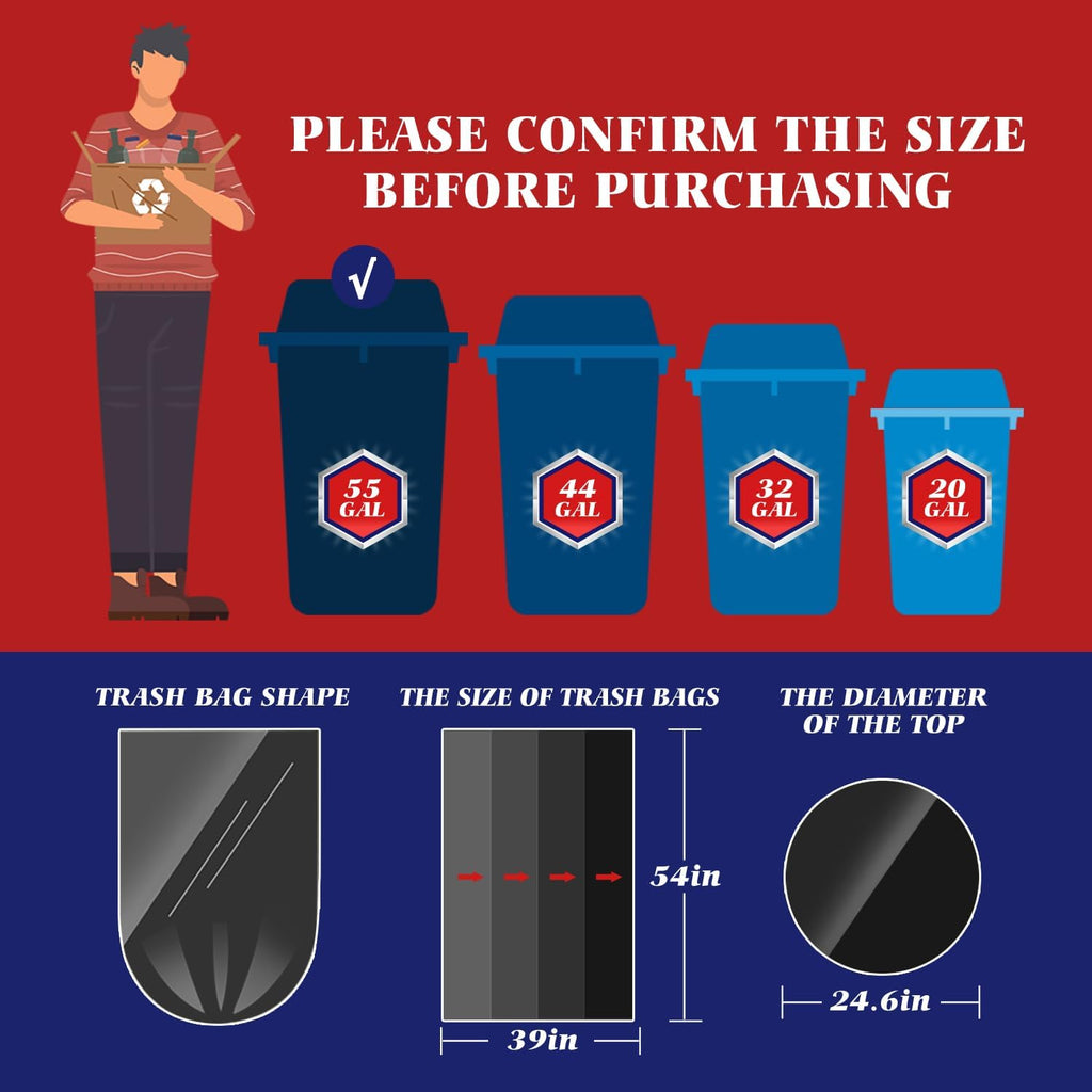 55-60 Gallon Black Trash Bags 20 Bags Extra Large Garbage Bags - 39" x 53" | Fit 45,49,50,55,60 gal Lawn And Leaf