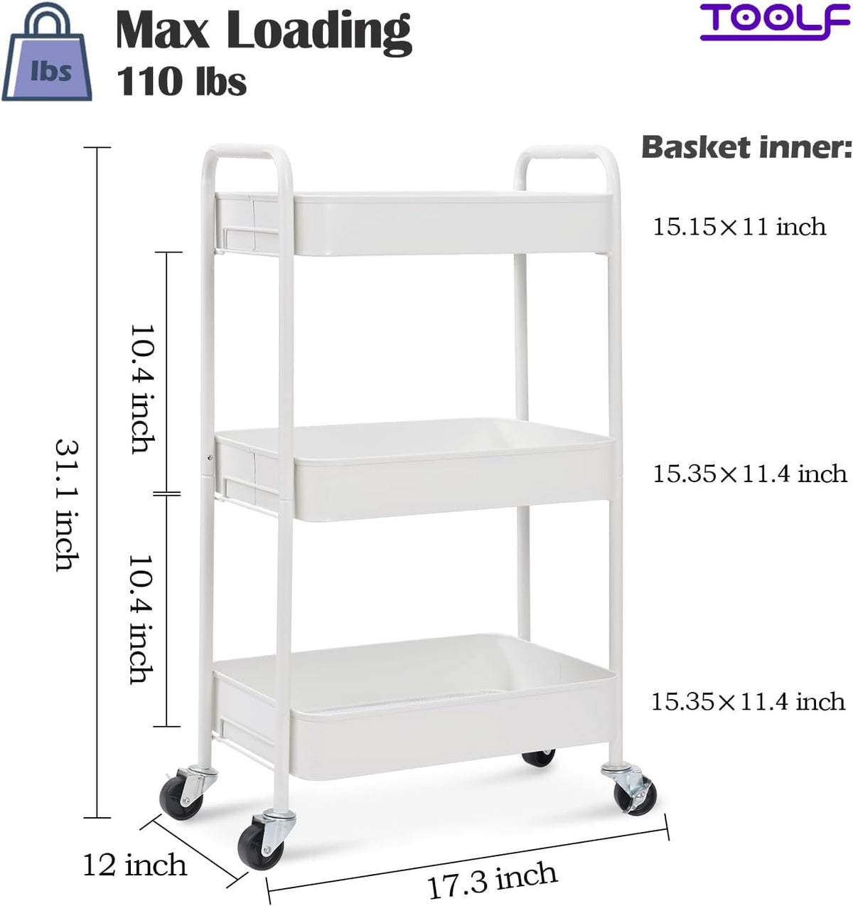 3 Tier Metal Rolling Cart, Utility Storage Cart with Wheels, White