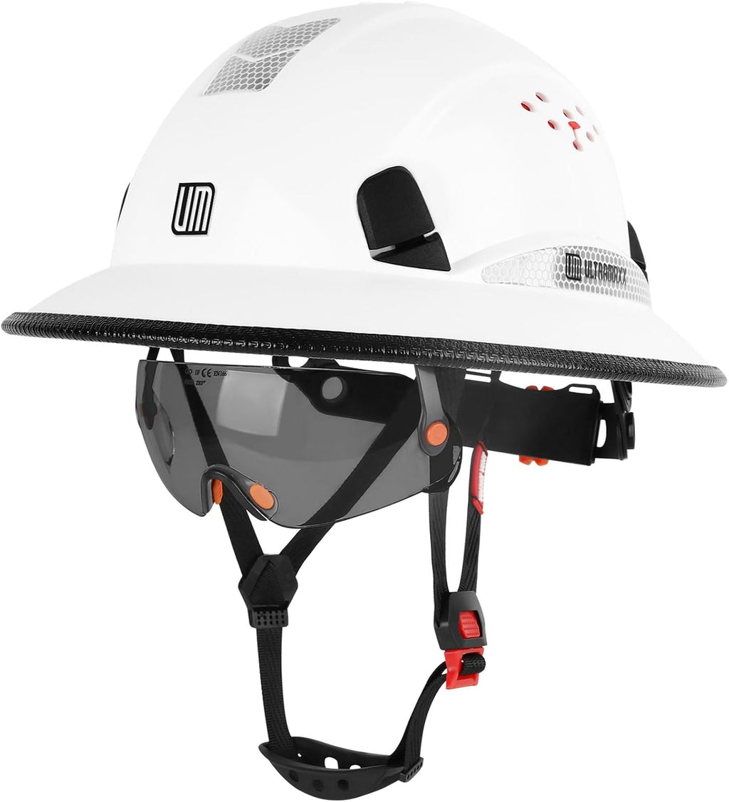 Full Brim Hard Hat with Built-in Visor, ANSI Z89.1 OSHA Approved Construction Safety Helmet with Chin Strap for Men