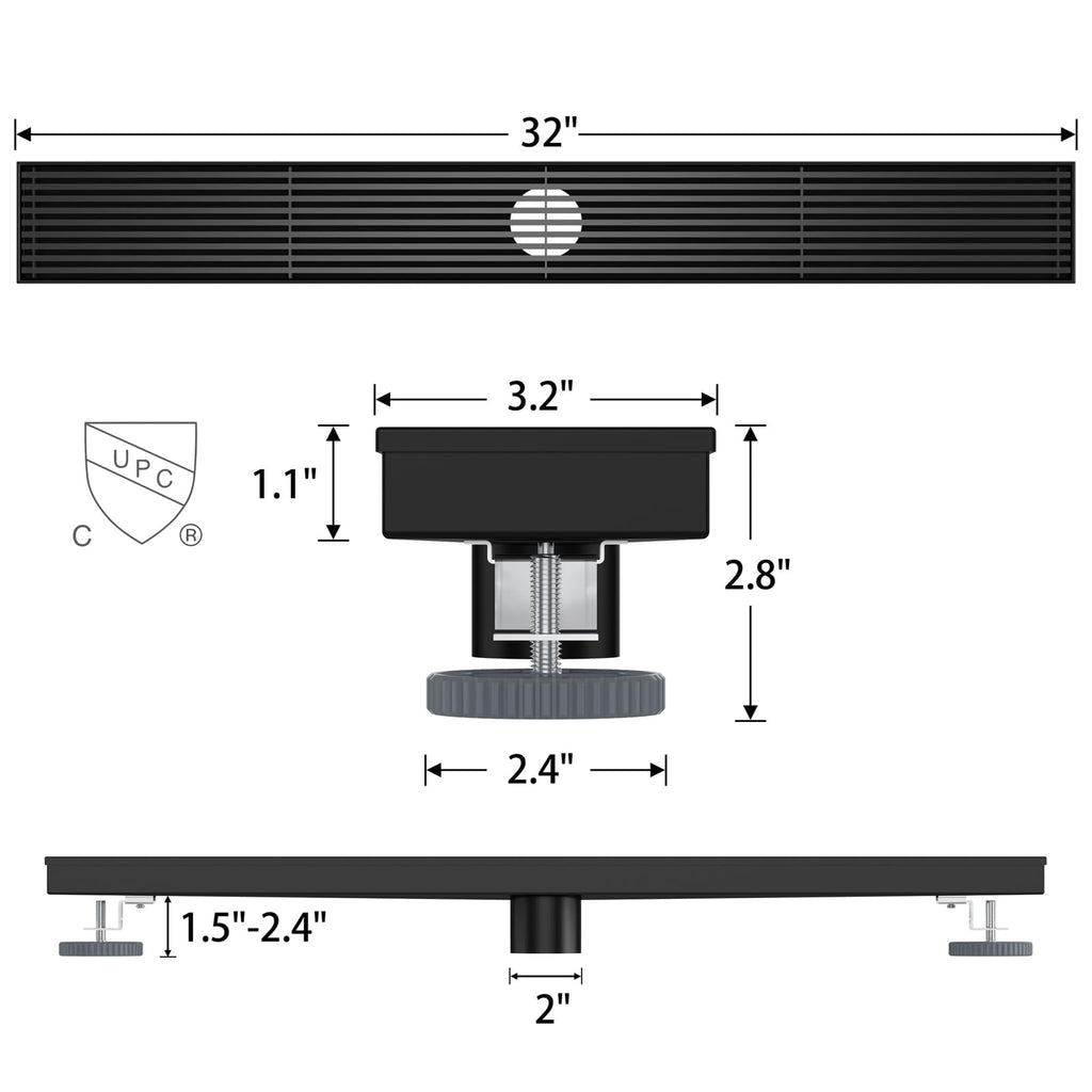 32 Inch Linear Shower Drain with Wedge Wire Grate, Matte Black