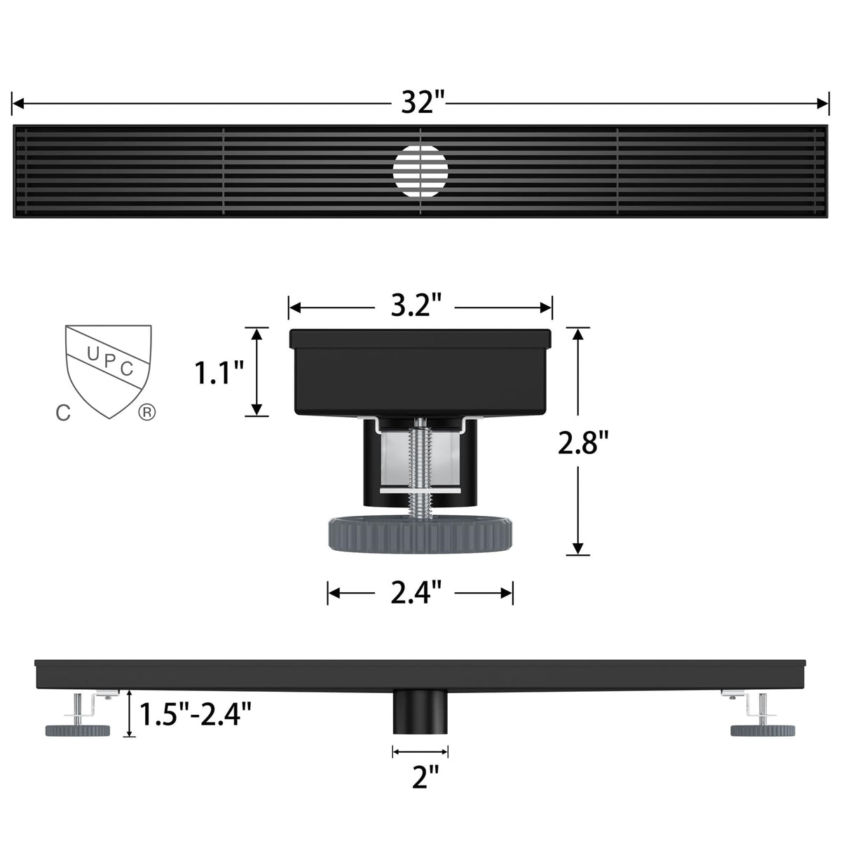 32 Inch Linear Shower Drain with Wedge Wire Grate, Matte Black