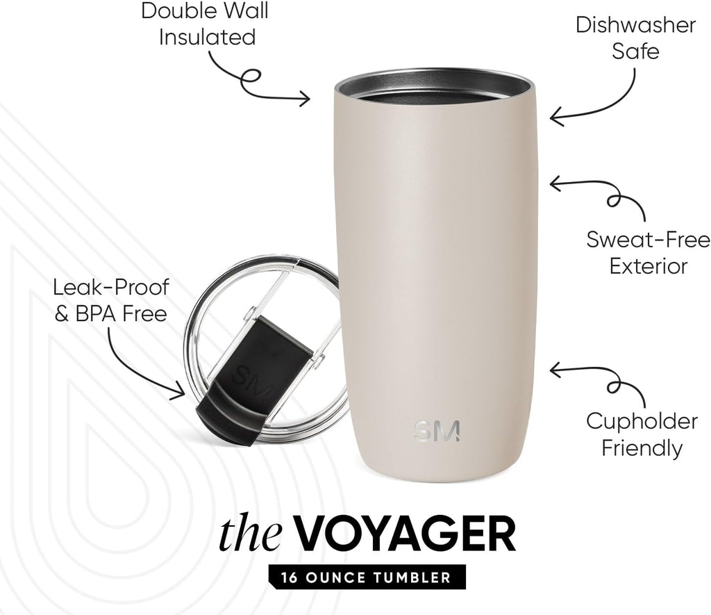 Travel Coffee Mug with Lid | 16oz | Beige | Voyager Coffee Cup, Coffee Tumbler for Hot & Iced Drinks | Insulated