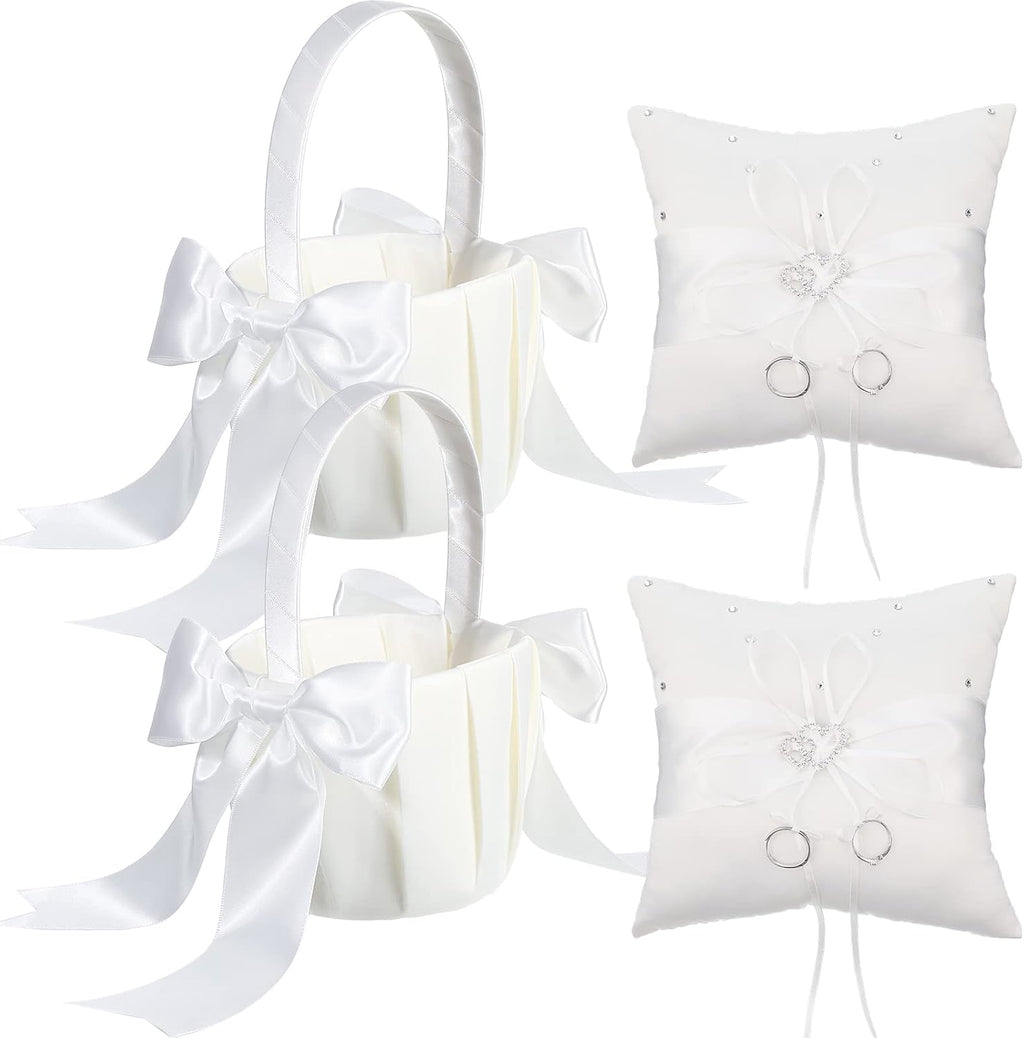 White Flower Girl Basket and Ring Bearer Pillow Set Rhinestones Satin Wedding Ring Pillow Wedding Flower Baskets for