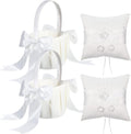 White Flower Girl Basket and Ring Bearer Pillow Set Rhinestones Satin Wedding Ring Pillow Wedding Flower Baskets for