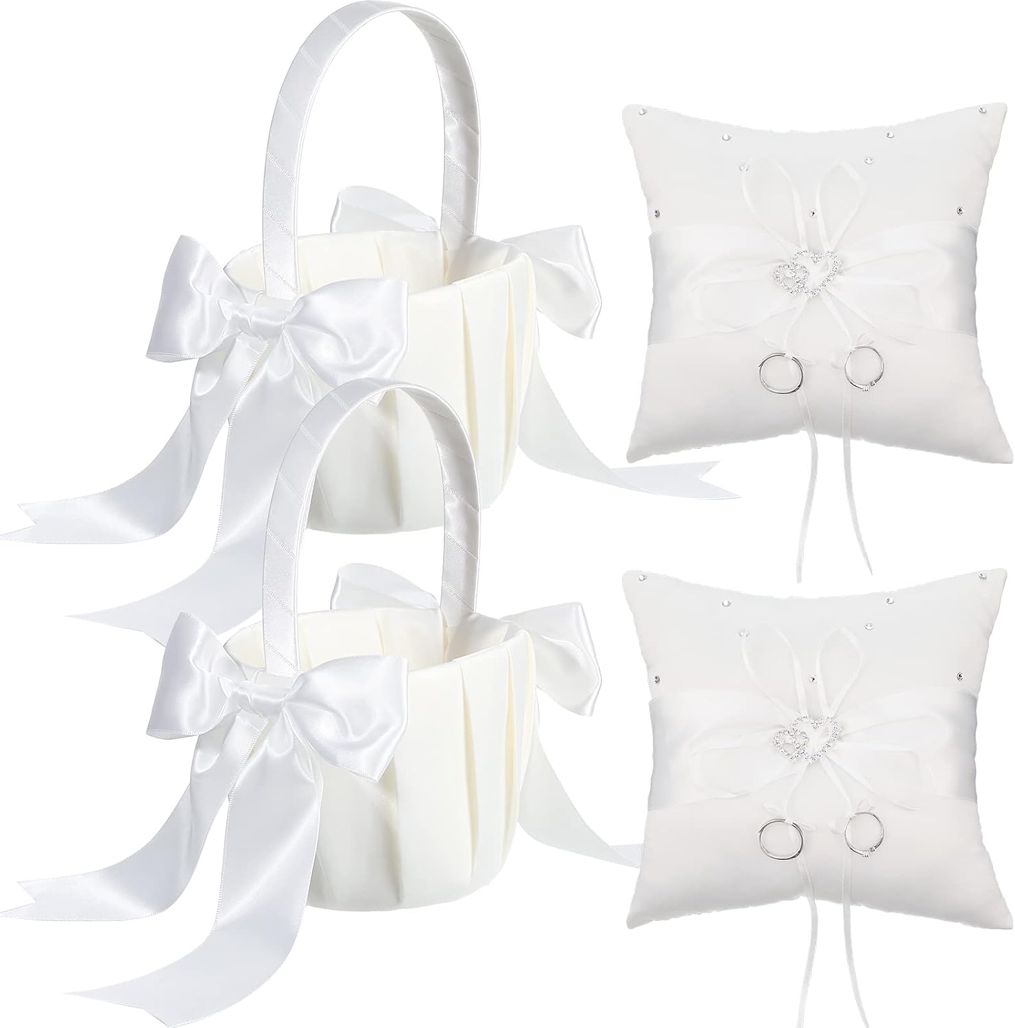 White Flower Girl Basket and Ring Bearer Pillow Set Rhinestones Satin Wedding Ring Pillow Wedding Flower Baskets for