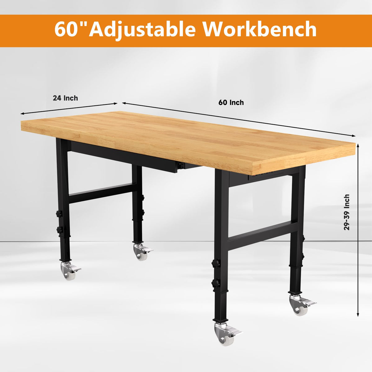 60" Heavy-Duty Solid Wood Work Bench with Drawers, Adjustable Height Workbench with Wheels, 2000 LBS Capacity Work