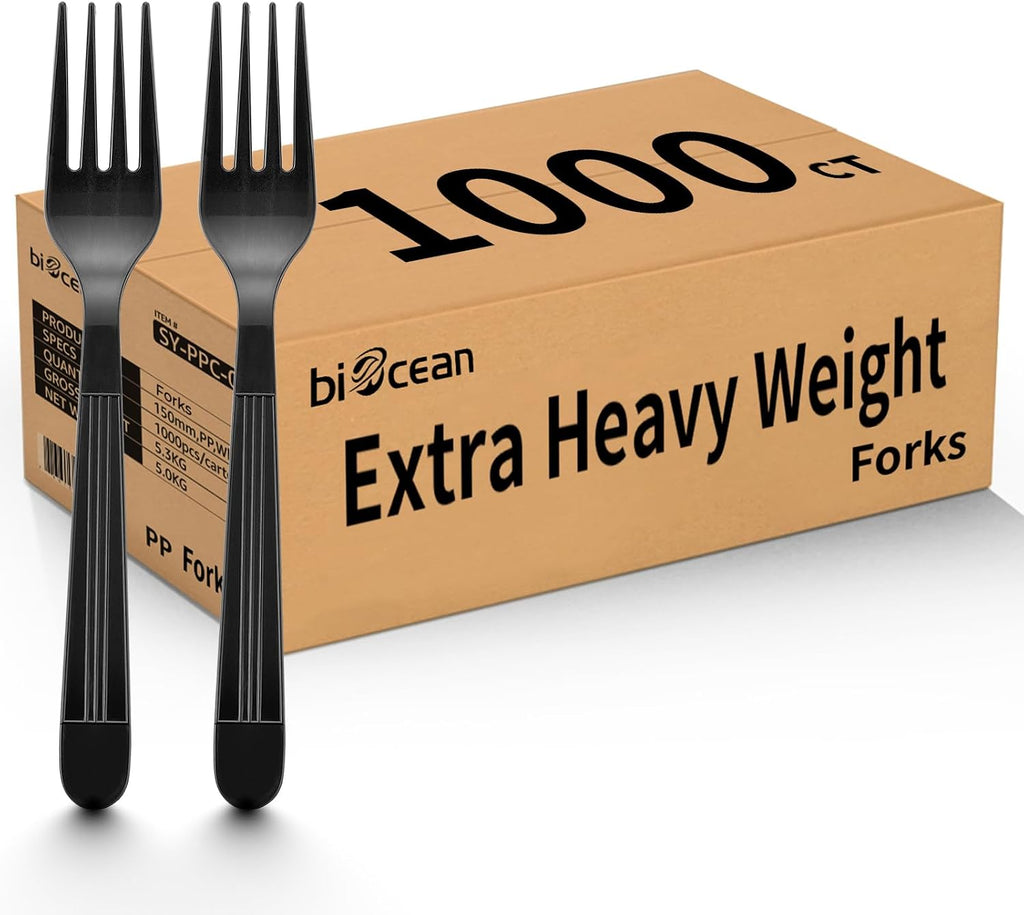 1000 Count Extra Heavy Duty Plastic Forks Black Disposable Forks Bulk