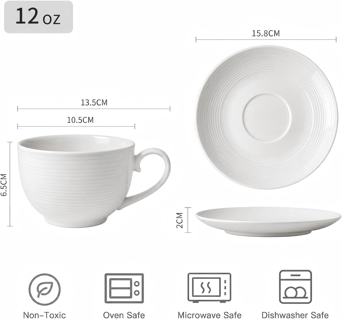 Porcelain Cappuccino Cups with Saucers, 4-Piece Coffee Cup Set