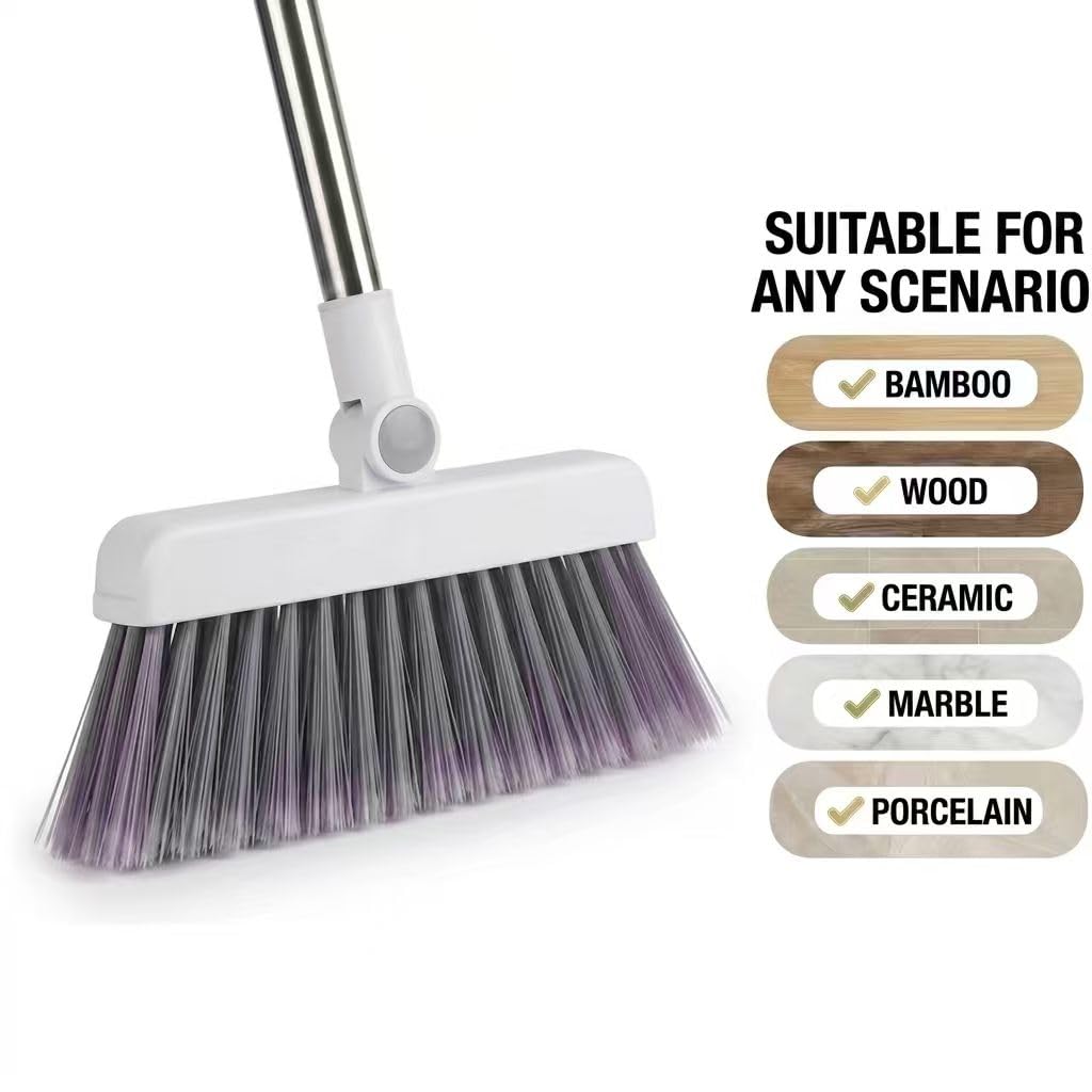 4-in-1 Broom and Dustpan Set, Long Handle Broom with Built-in Squeegee