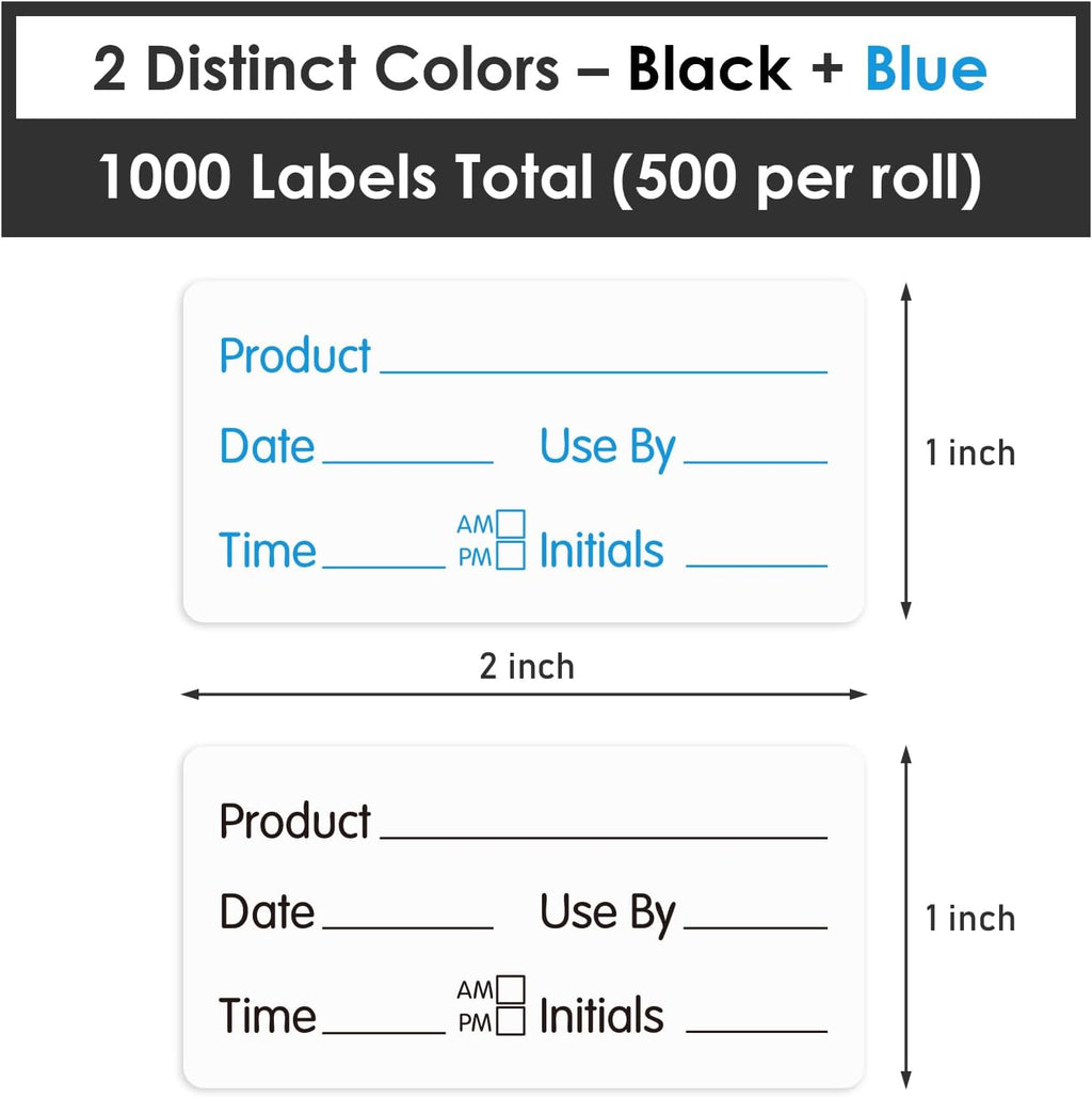 1000 Dissolvable Food Labels Blue&Black 2Rolls 1"x2"