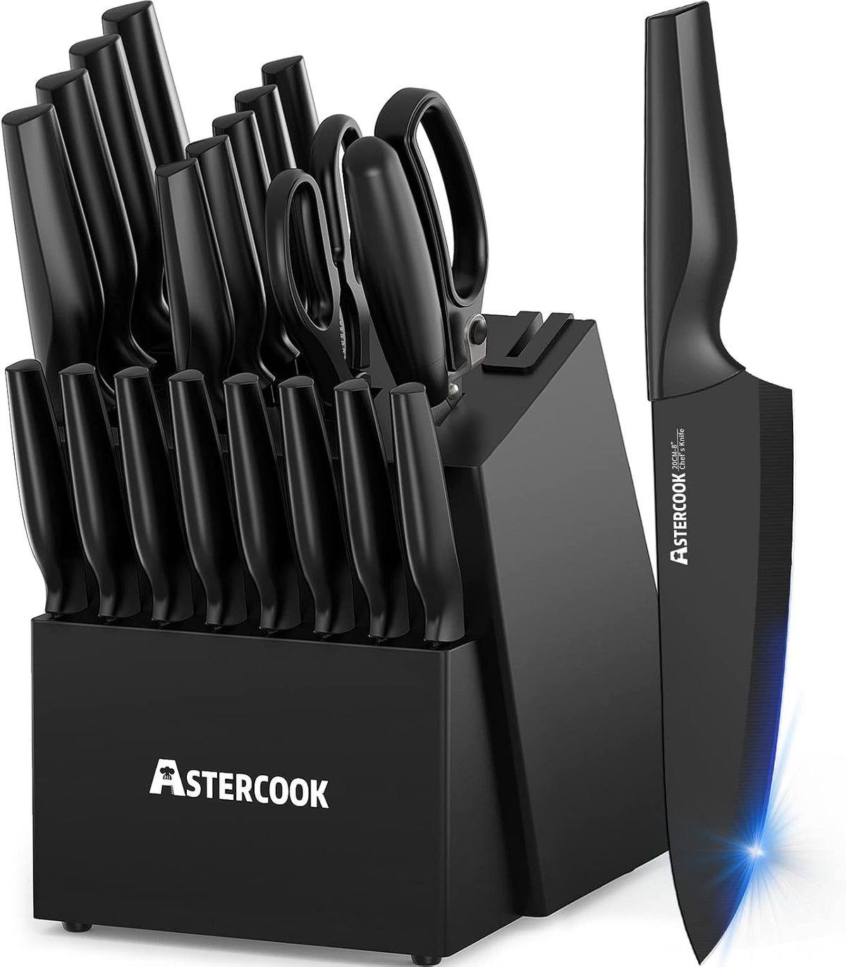 Knife Set, Astercook 21 Pieces Knife Sets for Kitchen with Block, Dishwasher Safe Kitchen Knife Set with Built-in