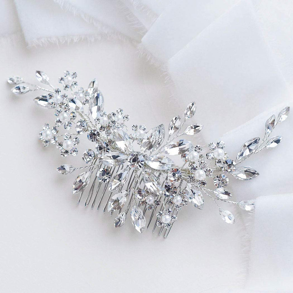 Crystal Bridal Hair Combs Rhinestones Hairpieces Flower Wedding Clips Accessories for Brides and Women Pack of 1(Silver)