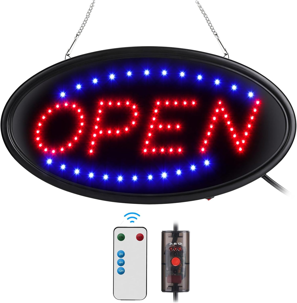 LED Open Sign, 19"x10", with Remote, Timer & Flash/Steady Modes