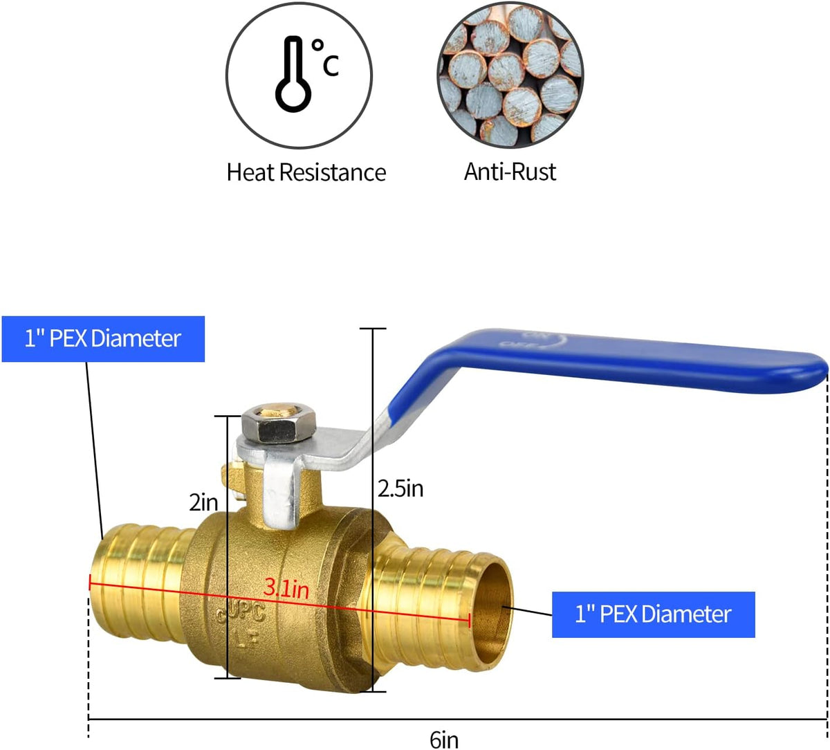 2 Pack 1" PEX Ball Valves, Brass Full Port Shut Off Valve