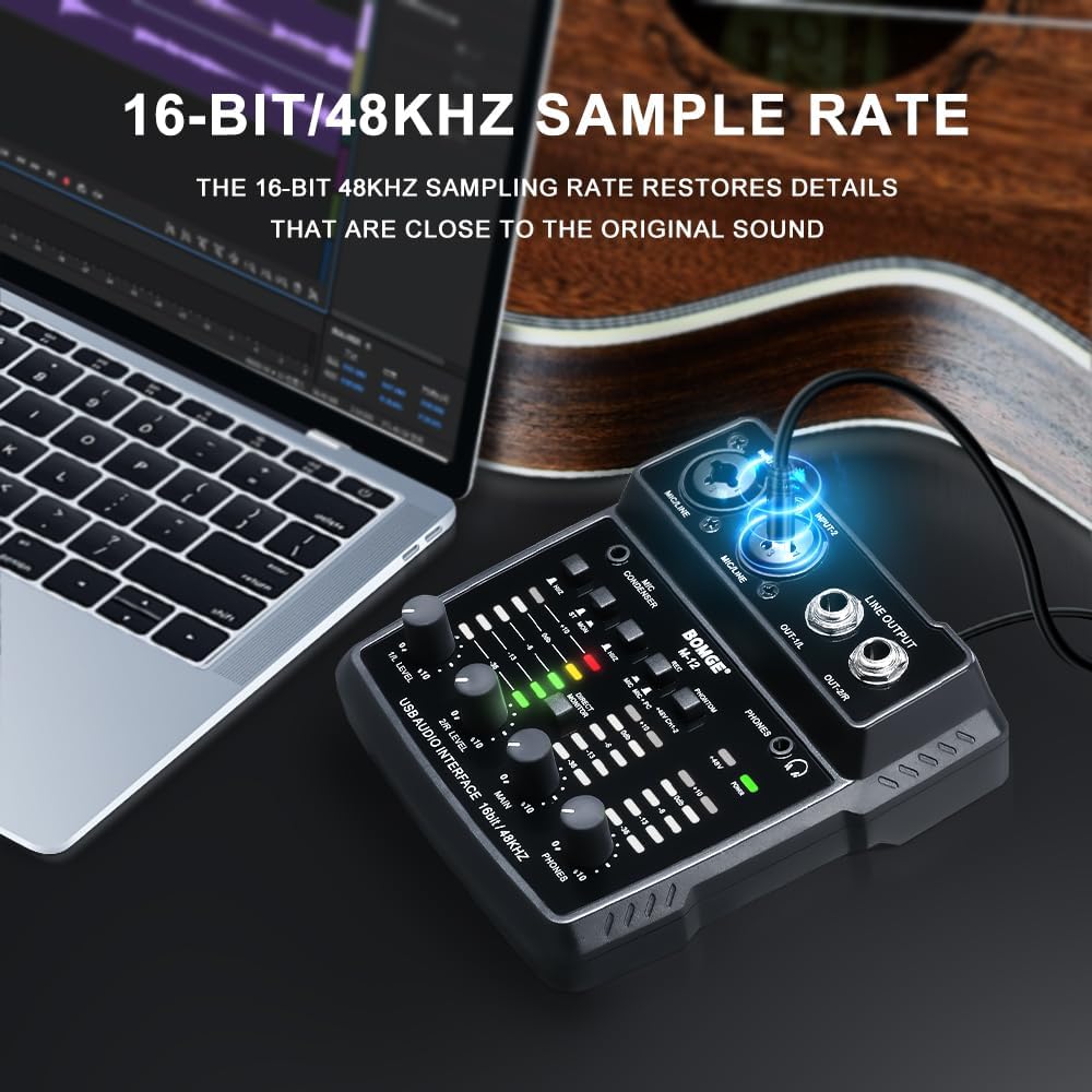 M12 USB Audio Interface, 2-Channel Mixer, XLR/3.5mm Input, 48V Power Supply, Sound Card for PC Recording, Studio