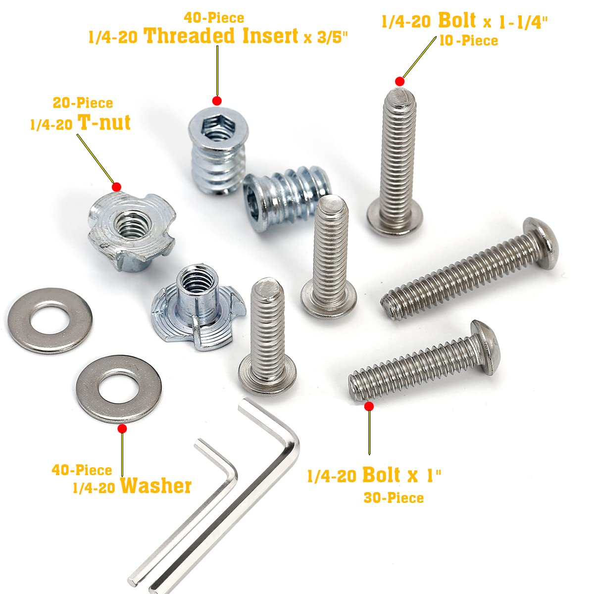 1/4-20 Threaded Inserts for Wood T Nuts 1/4-20 Bolts Fully Threaded Button Head Hex Socket Screws 1" 1-1/4" and Washers
