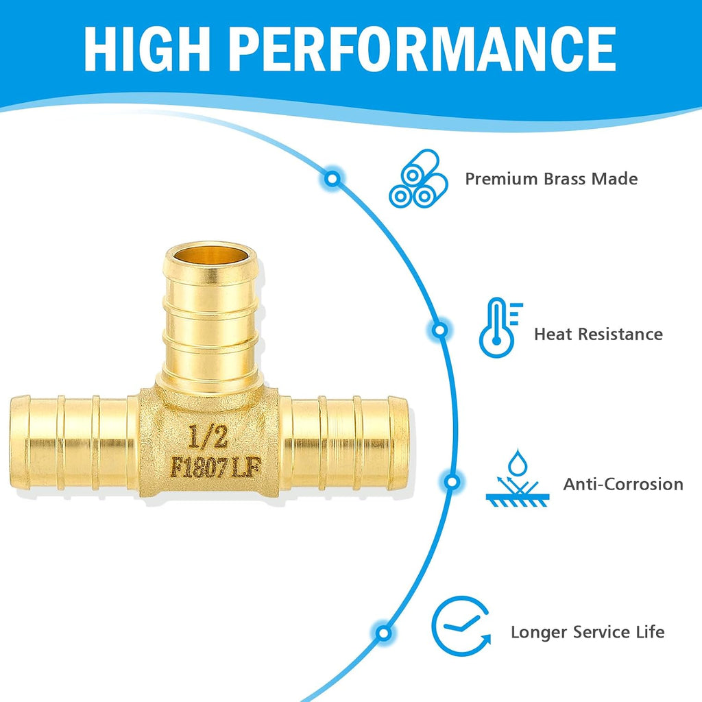 (Znkiok8 Pack) 1/2 Inch Pex Tee Fittings, For 1/2''Pex b Pipe,No Lead Brass,NSF,cUPC Certified.