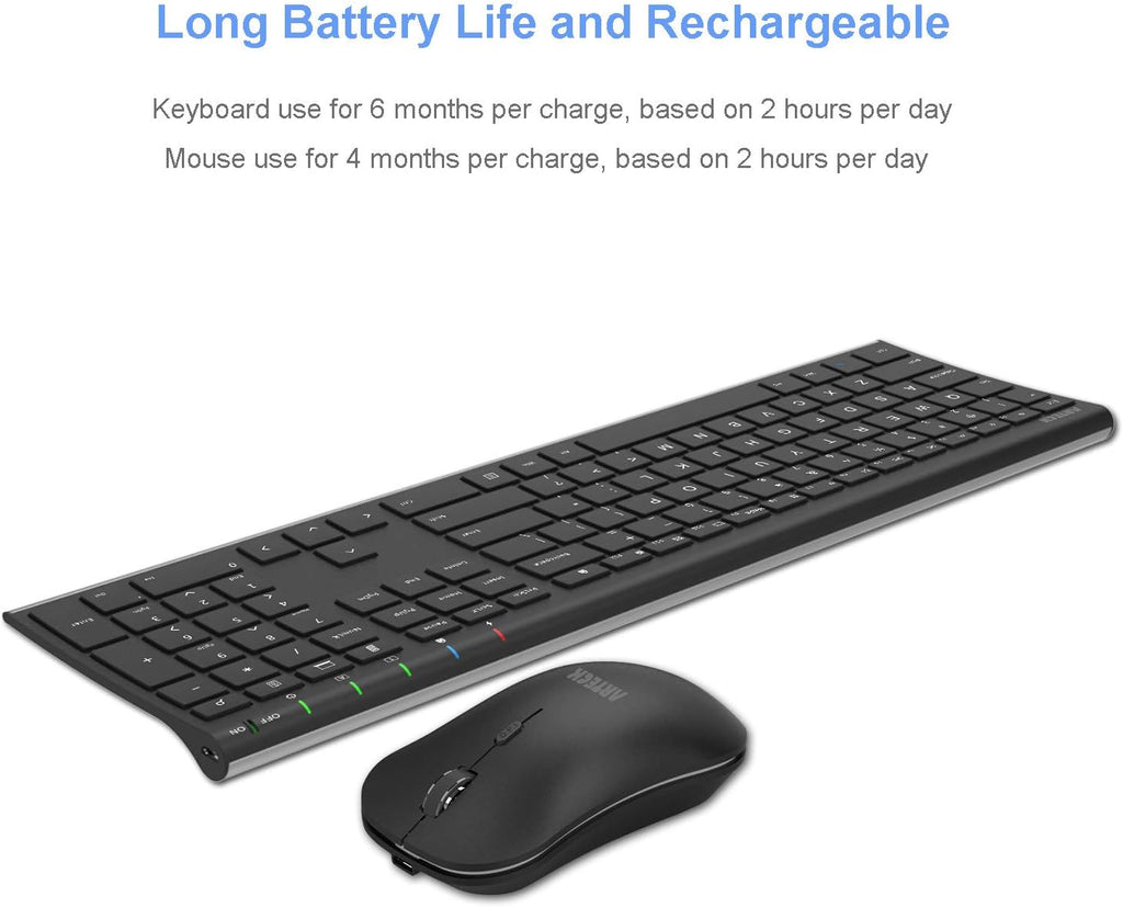 2.4G Wireless Keyboard and Mouse Combo Stainless Steel Ultra Slim Full Size Keyboard and Ergonomic Mice for Computer