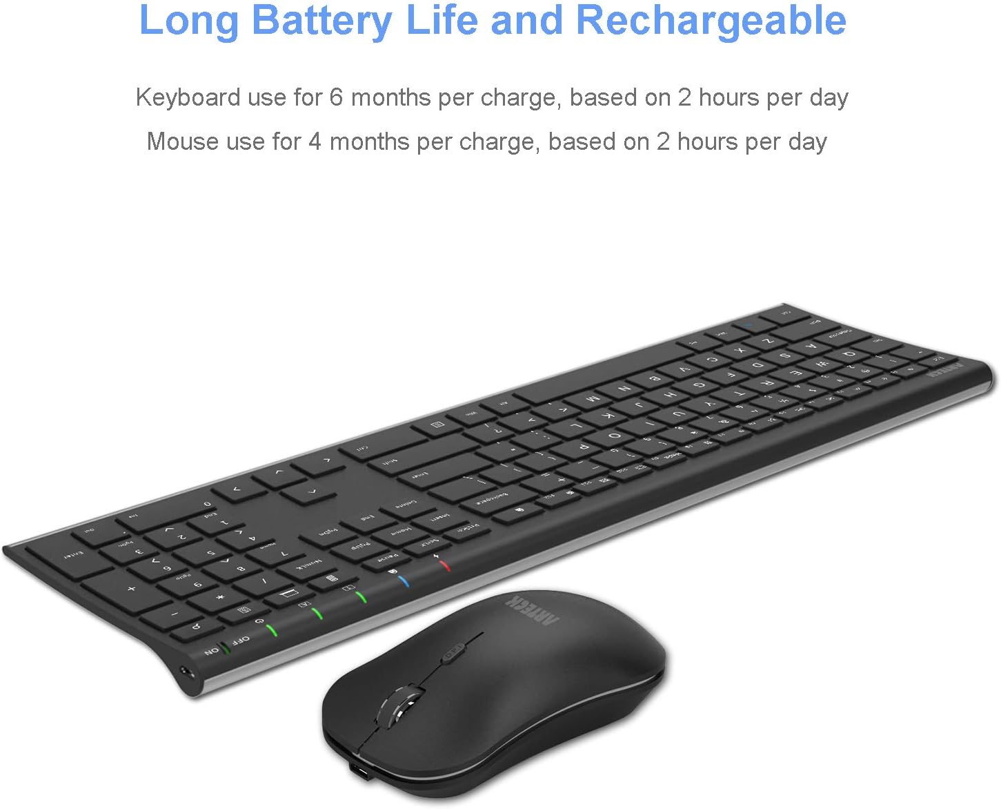 2.4G Wireless Keyboard and Mouse Combo Stainless Steel Ultra Slim Full Size Keyboard and Ergonomic Mice for Computer