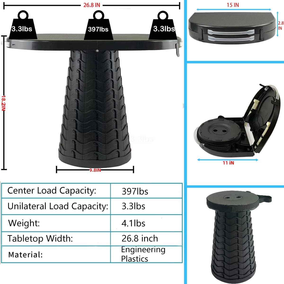 Portable Folding Table and Stool 2 in 1, Lightweight Collapsible Table for Camping Picnic Beach, Small Foldable Table