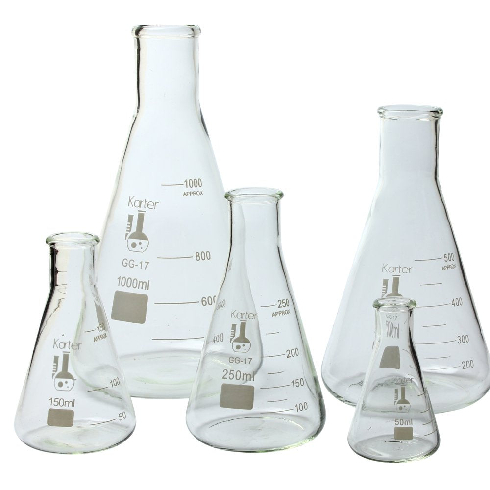 Glass Flask 5 Piece Set, Narrow Mouth Erlenmeyer, Borosilicate 3.3 Glass - 50ml, 150ml, 250ml, 500ml, 1L, 213B2