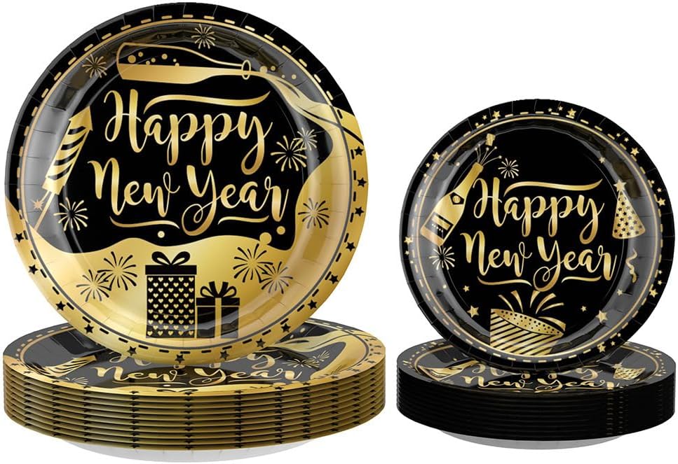 Happy New Years Eve Party Supplies Kit – New Year Eve Decorations Banner Plates and Napkins Cups Forks Tablecloth