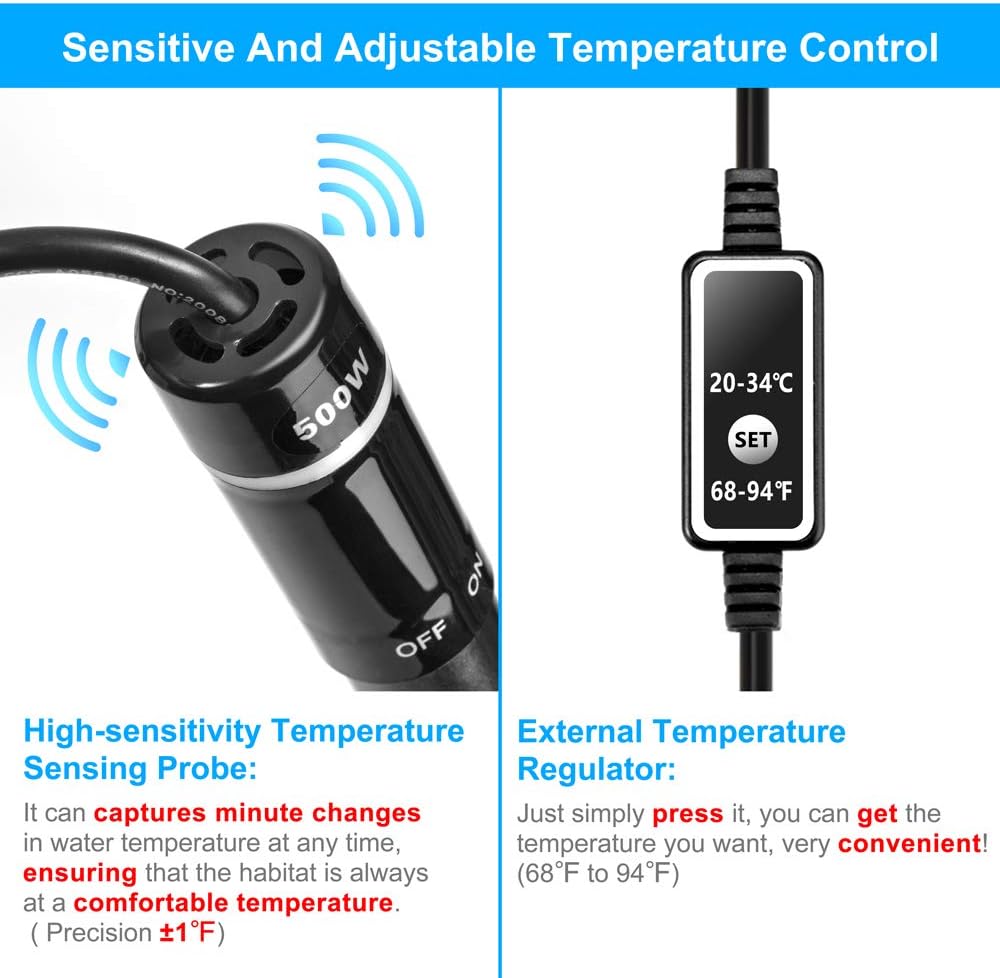 500W Aquarium Heater Submersible 500 Watt Titanium Fish Tank Heater with External Temperature Controller for 60