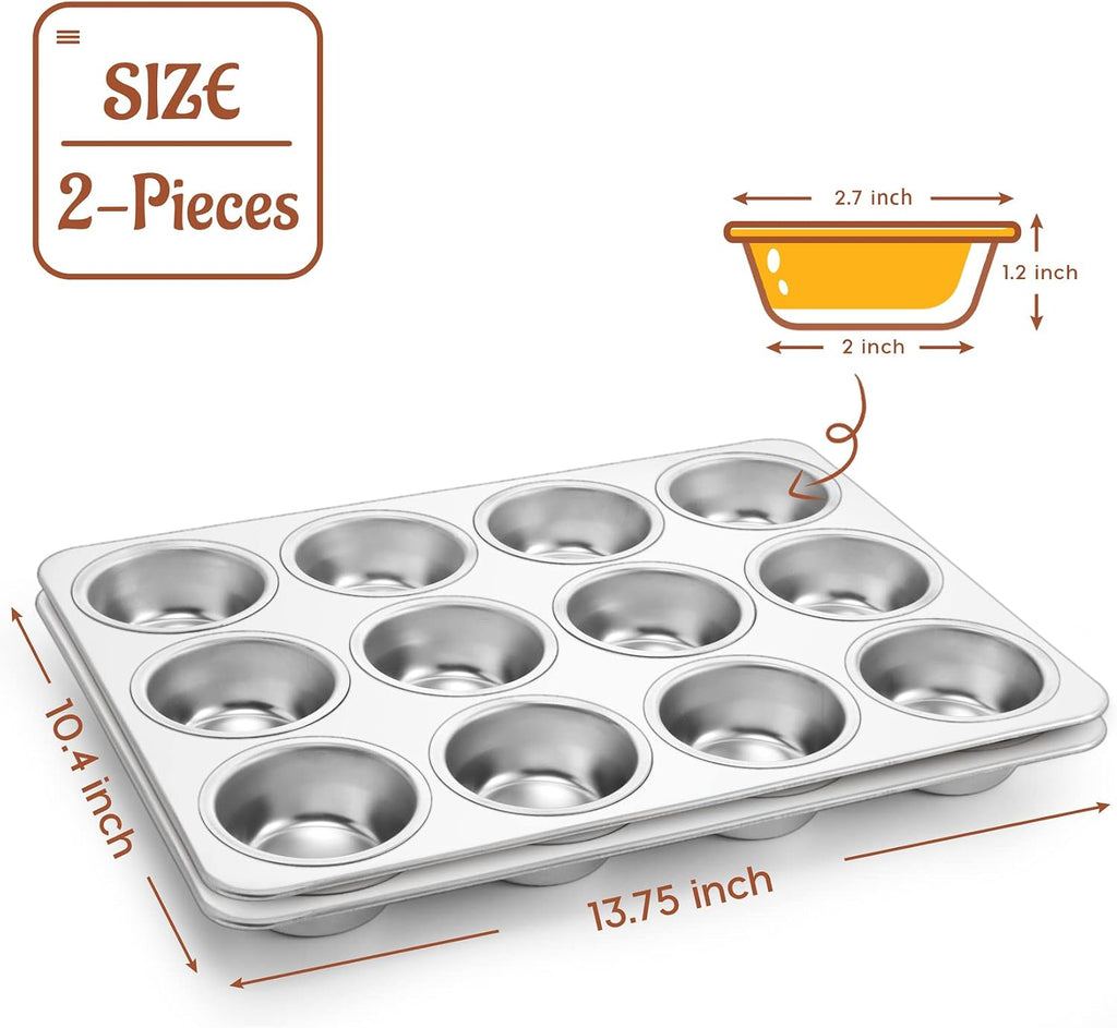 12-Cup Muffin Pan Tin, Stainless Steel Cupcake Pan, 2Pcs