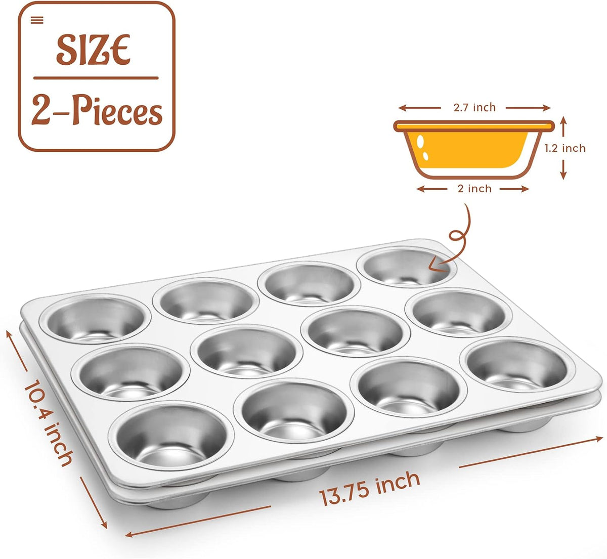 12-Cup Muffin Pan Tin, Stainless Steel Cupcake Pan, 2Pcs