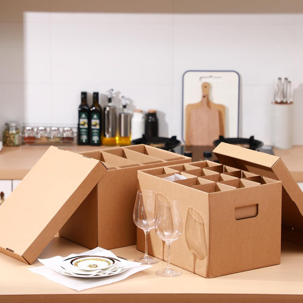 2 Sets Kitchen Moving Boxes with Divider Kits for Dish Wine Glass