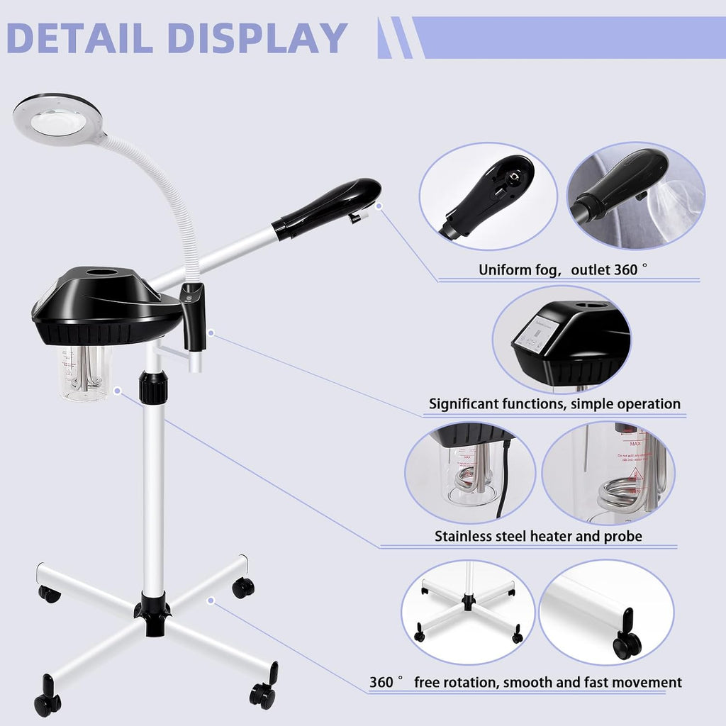 2 in 1 Professional Facial Steamer with 5X Magnifying Lamp | On Wheels, Time Settings, Face Steamer for Facial Deep