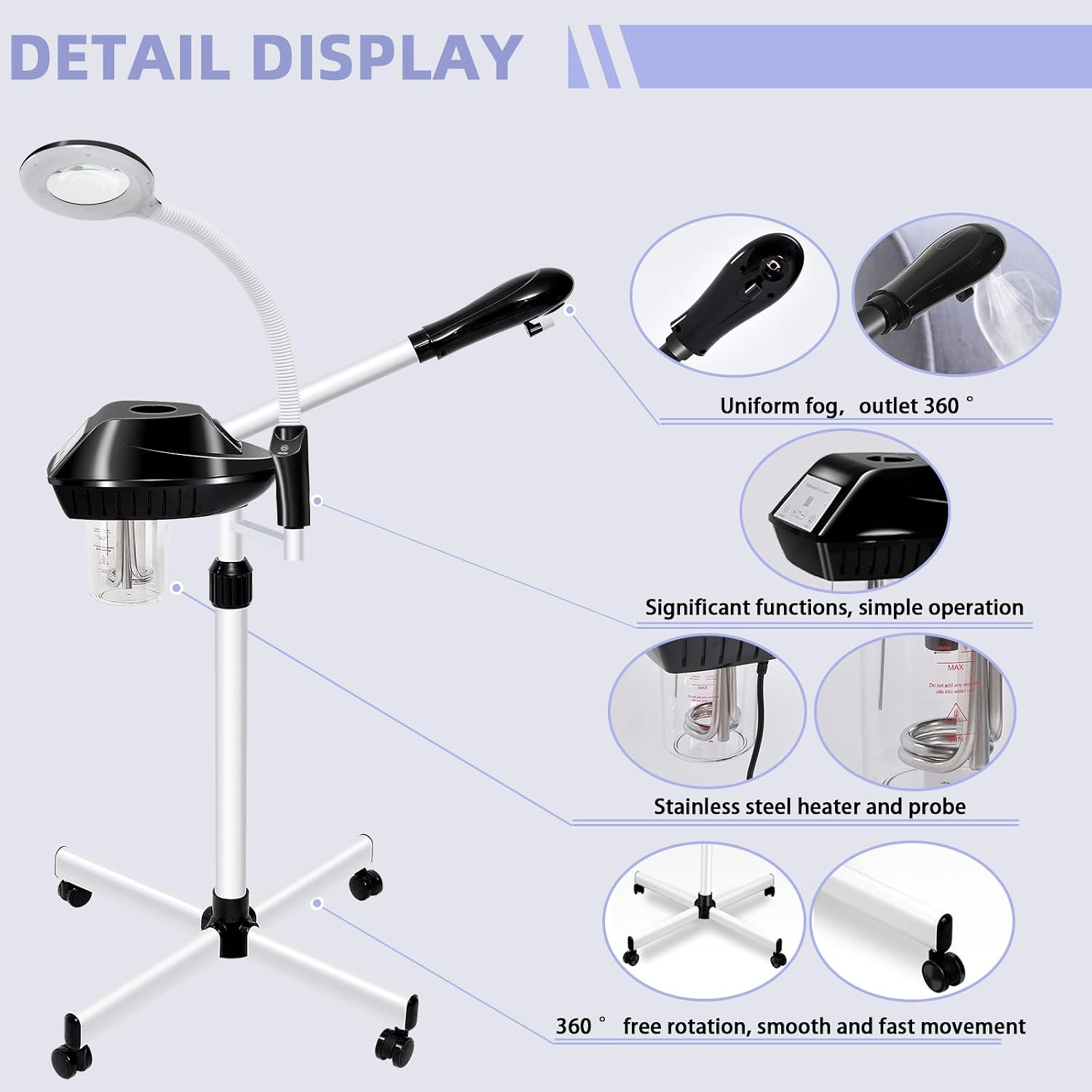 2 in 1 Professional Facial Steamer with 5X Magnifying Lamp | On Wheels, Time Settings, Face Steamer for Facial Deep