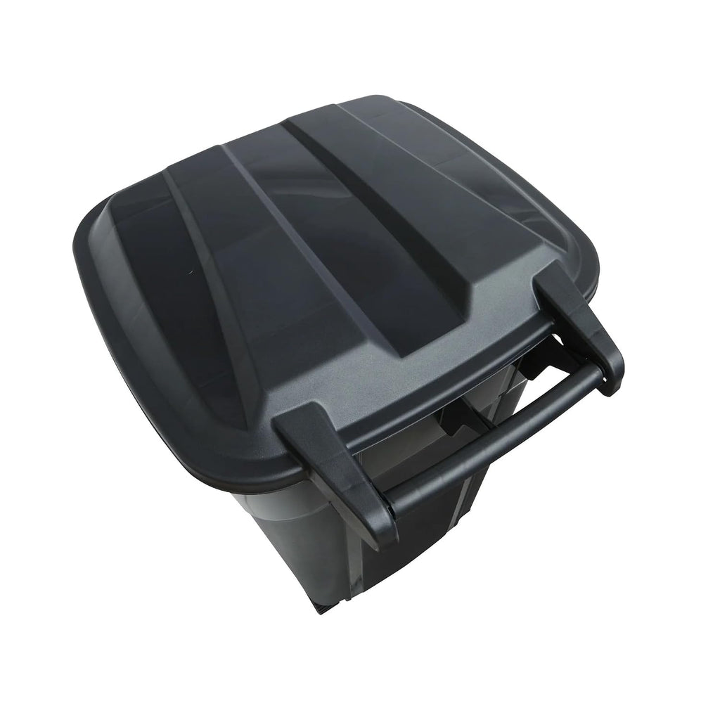 32-Gallon Plastic Trash Can with Attached Lid and Wheels, 120 Liter Outdoor Garbage Bin, Black
