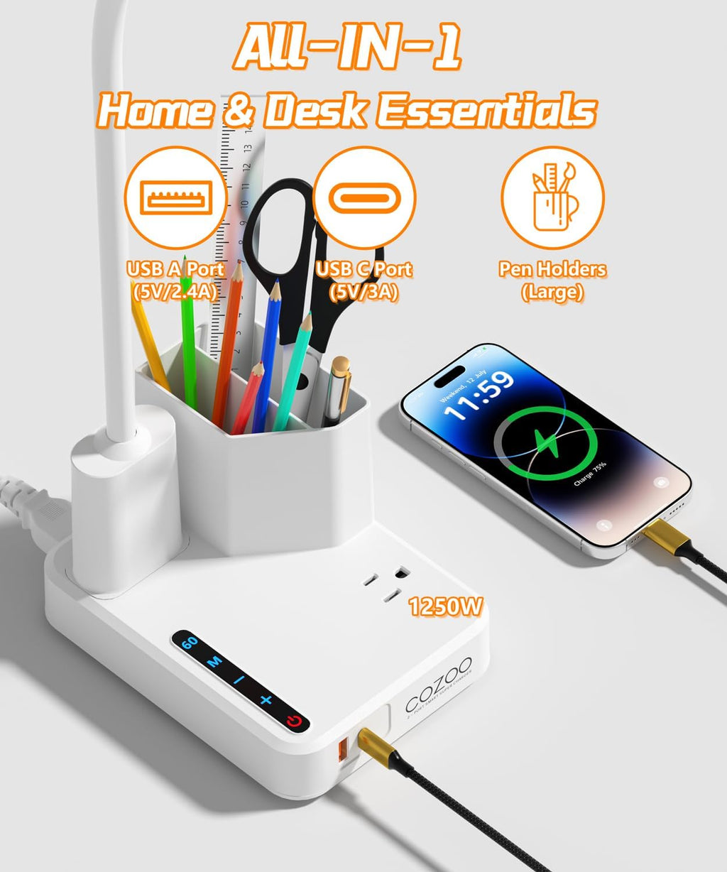 LED Desk Lamp for Dorm USB A/C Charger Pen Holder 3 Light Modes White | 3 Color Modes, 3 Brightness, 360° Gooseneck